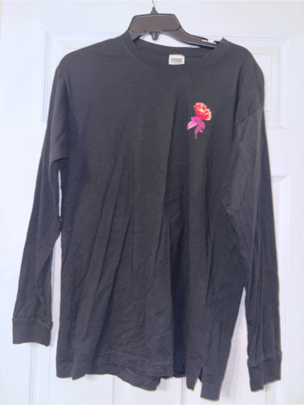 PINK Victoria's Secret Black Long-Sleeve Tee with Red & Pink Rose Graphic - Picture 2 of 3
